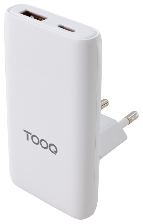 TooQ Cargador de viaje Tipo C y Tipo A, GaN 65W, USB-C/PD + USB-A/QC, Blanco