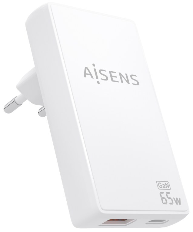 AISENS Cargador De Pared GaN Ultra Delgado 65W, 1xUSB-C PD3.0 QC4.0, 1xUSB-A QC3.0, Blanco
