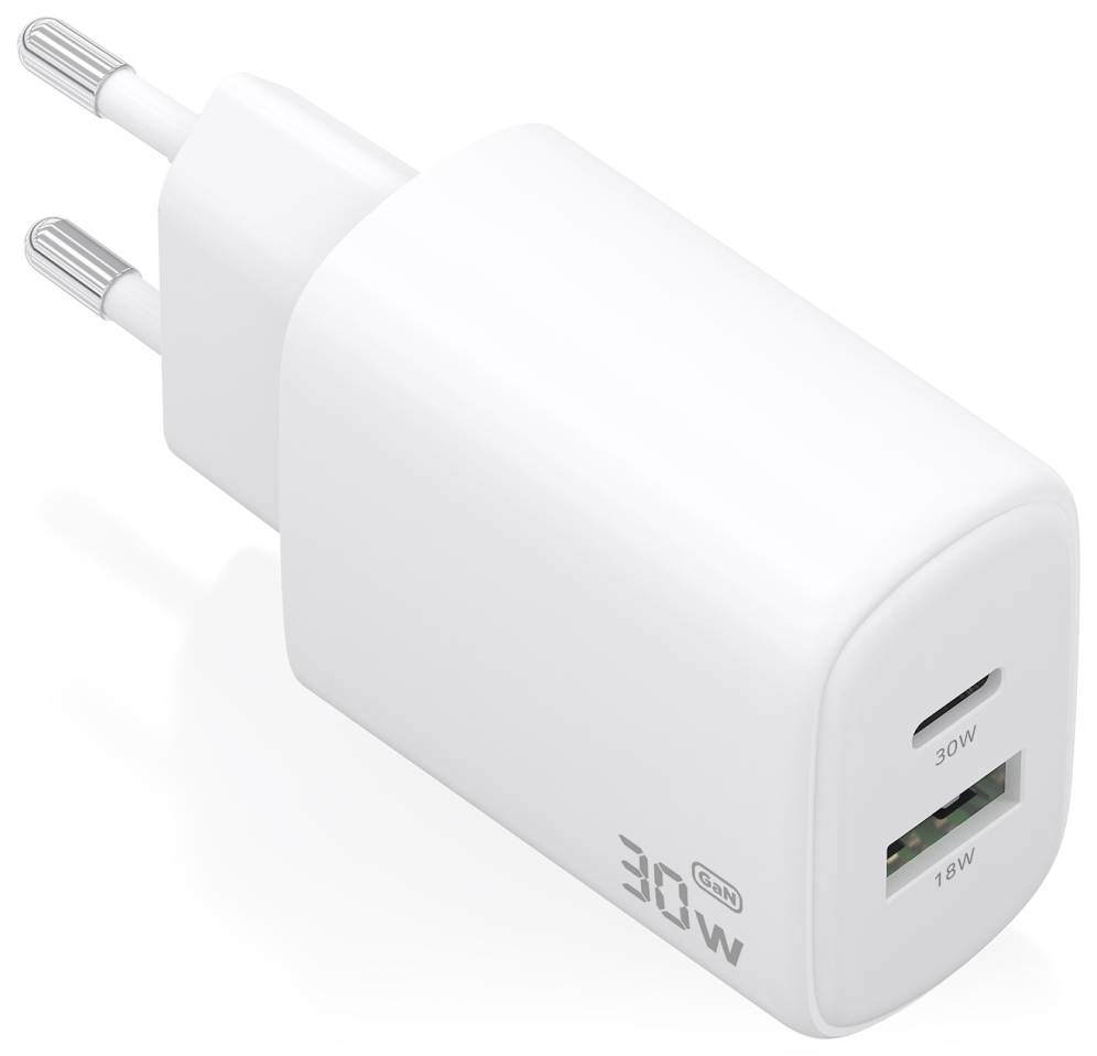AISENS Cargador GaN 30W, 1xUSB-C PD3.0 QC4.0, 1xUSB-A QC3.0, Blanco
