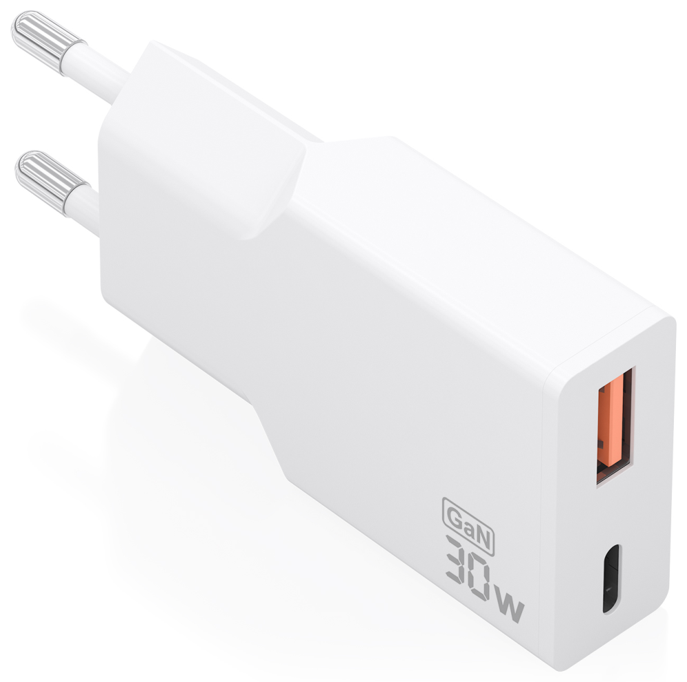 AISENS Cargador Ultra Delgado GaN 30W, 1xUSB-C PD3.0 QC4.0, 1xUSB-A QC3.0, Blanco