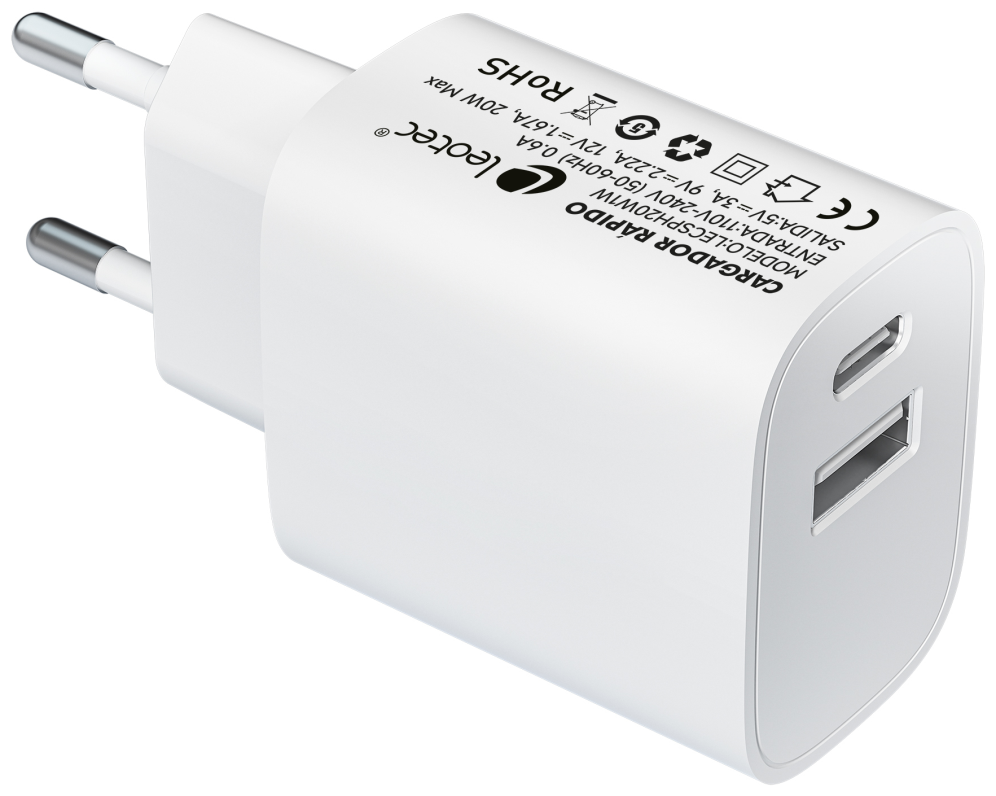 Leotec Cargador 20W 1xUSB-C PD + 1x USB-A Blanco