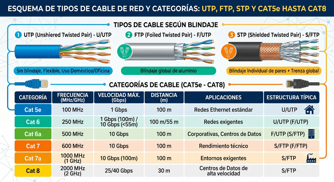 Guía Definitiva de Cables de Red: Categorías, Blindajes y Aplicaciones Profesionales