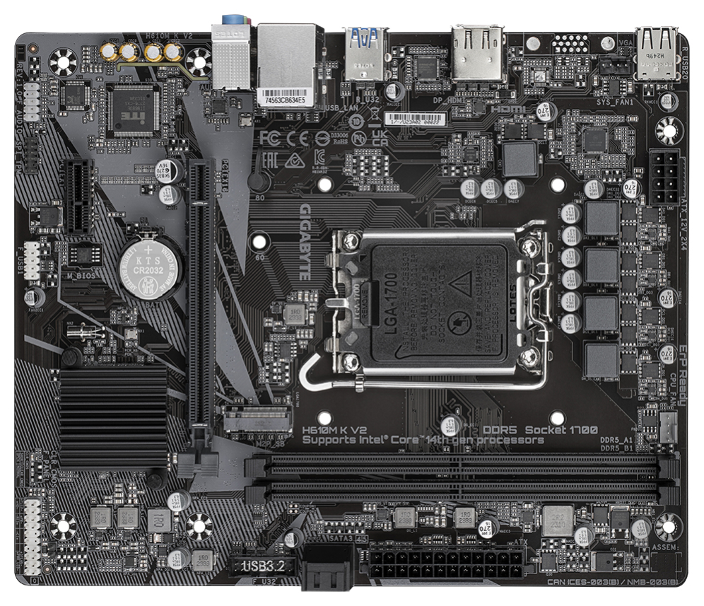 GIGABYTE H610M K V2 Placa base - Procesadores Intel Core 14ª generación, hasta 5600 MHz DDR5, 1xPCIe 3.0 M.2, LAN 1GbE, USB 3.2 Gen 1