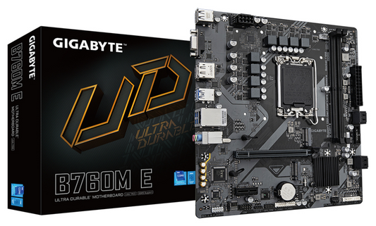 GIGABYTE B760M E Placa base - Compatible con procesadores Intel Core 14ª generación, VRM de 6+1+1 fases, hasta 7200 MHz DDR5 (OC), 2xPCIe 4.0 M.2, LAN 1 GbE, USB 3.2 Gen 1