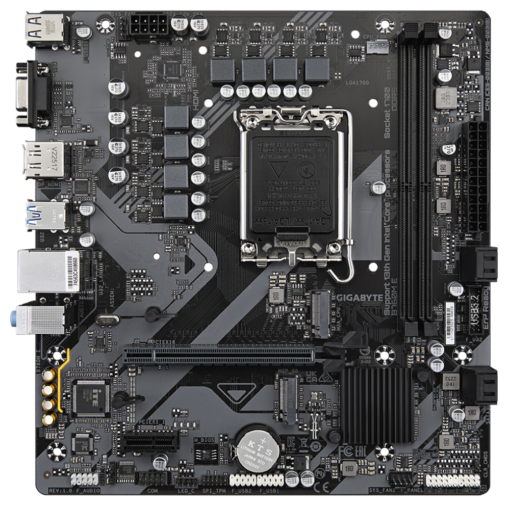 GIGABYTE B760M E Placa base - Compatible con procesadores Intel Core 14ª generación, VRM de 6+1+1 fases, hasta 7200 MHz DDR5 (OC), 2xPCIe 4.0 M.2, LAN 1 GbE, USB 3.2 Gen 1