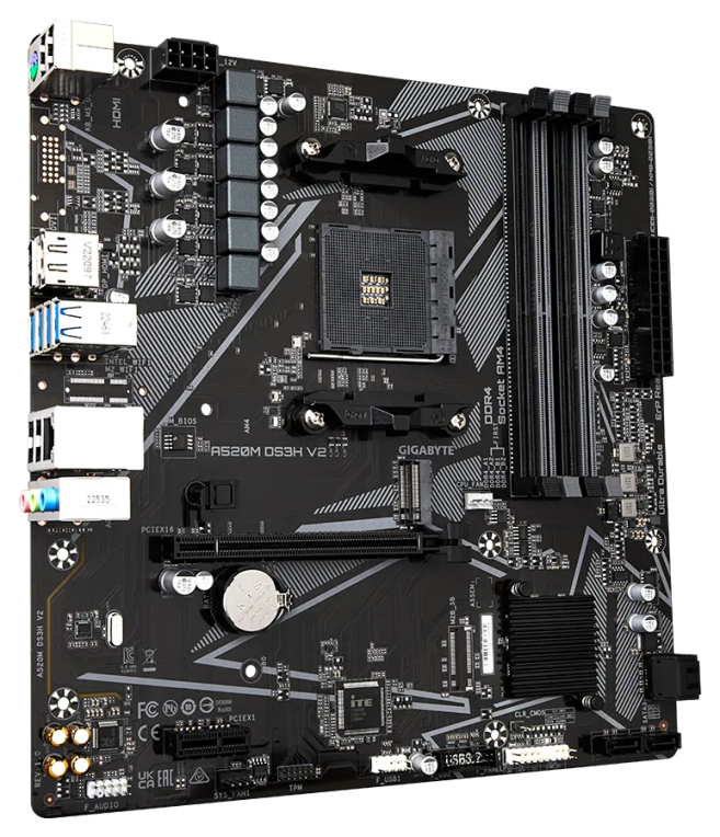 GIGABYTE Placa base A520M DS3H V2 - Soporta CPUs AMD Ryzen serie 5000 AM4, hasta 4733 MHz DDR4 (OC), PCIe 3.0 x16, LAN GbE, USB 3.2 Gen 1