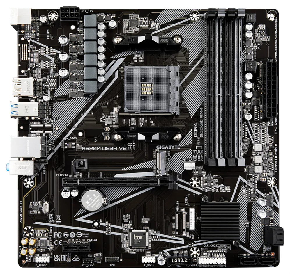 GIGABYTE Placa base A520M DS3H V2 - Soporta CPUs AMD Ryzen serie 5000 AM4, hasta 4733 MHz DDR4 (OC), PCIe 3.0 x16, LAN GbE, USB 3.2 Gen 1