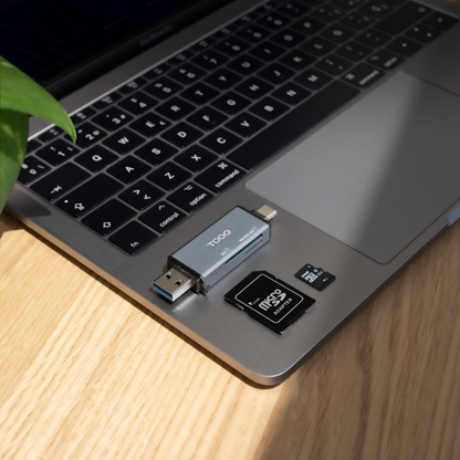 TooQ Lector de Tarjetas SD + TF, con entradas USB-C 3.0 + USB A, Color Gris