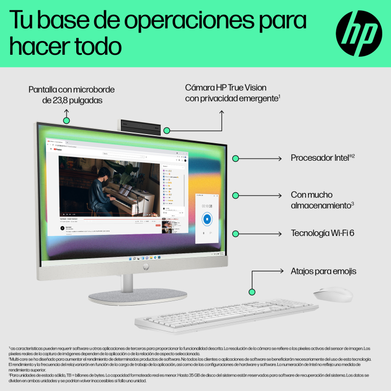HP 24 -cr0130ns PC IntelÂ® Coreâ¢ i5 i5-1335U 60,5 cm (23.8'') 1920 x 1080 Pixeles PC todo en uno 16 GB DDR4-SDRAM 512 GB SSD FreeDOS Wi-Fi 6 (802.11ax) Blanco