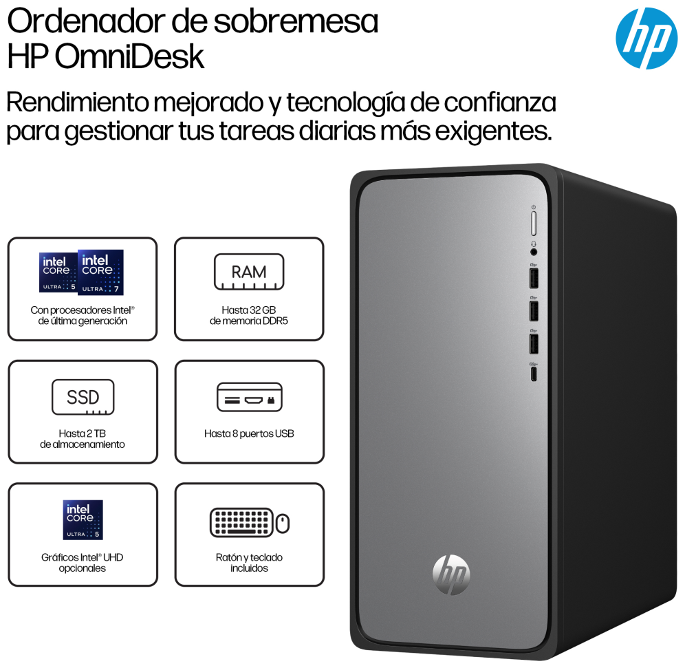 HP OmniDesk M02-0021ns IntelÂ® Coreâ¢ i5 i5-14400 16 GB DDR5-SDRAM 1 TB SSD FreeDOS Torre PC Plata