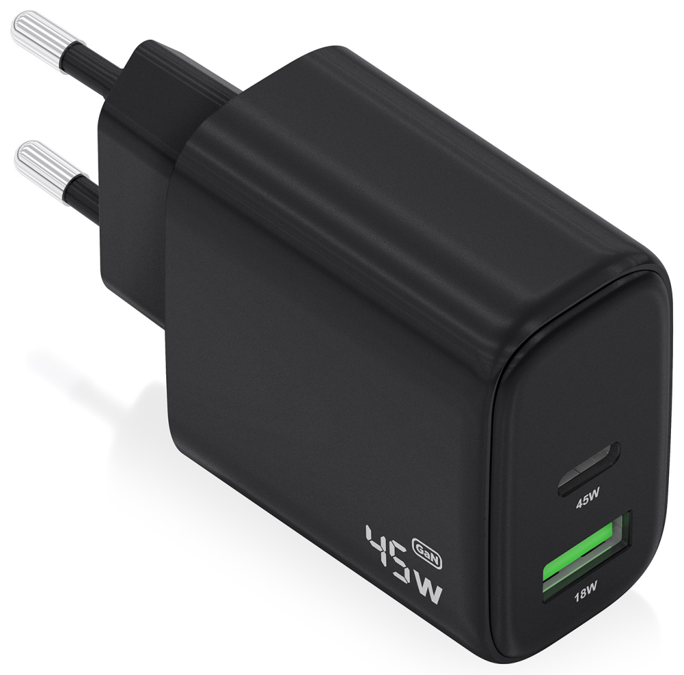 AISENS Cargador GaN 45W, 1xUSB-C PD3.0 QC4.0, 1xUSB-A QC3.0, Negro
