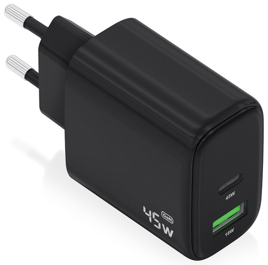 AISENS Cargador GaN 45W, 1xUSB-C PD3.0 QC4.0, 1xUSB-A QC3.0, Negro