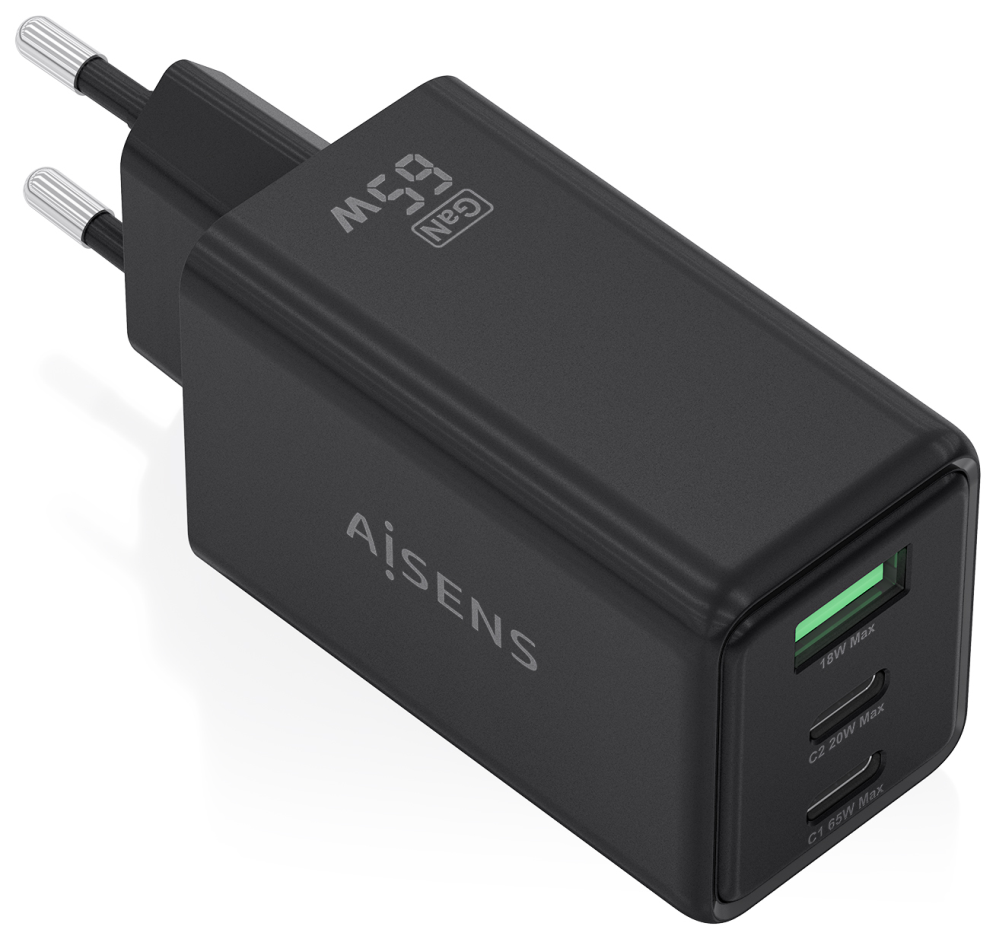 AISENS Cargador GaN 65W, 2xUSB-C PD3.0 QC4.0, 1xUSB-A QC3.0, Negro