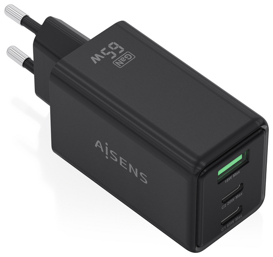 AISENS Cargador GaN 65W, 2xUSB-C PD3.0 QC4.0, 1xUSB-A QC3.0, Negro