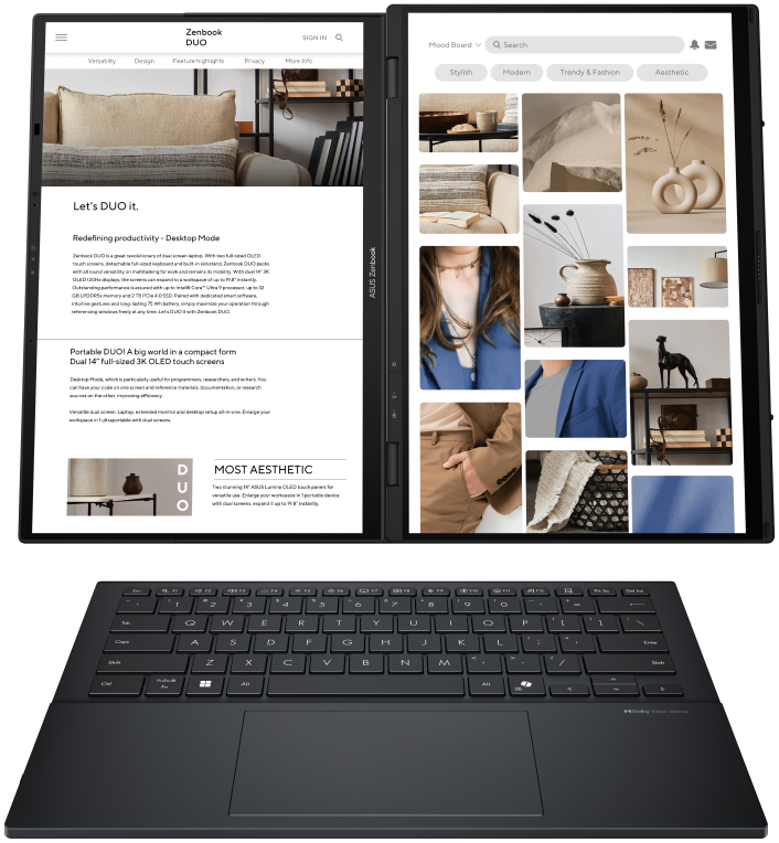 ASUS Zenbook Duo OLED UX8406CA-QL336W - Ordenador Portatil 14'' WUXGA (Intel Core Ultra 7 255H, 32GB RAM, 1TB SSD, Arc 140T, Windows 11 Home) Gris Tintero - Teclado QWERTY espanol