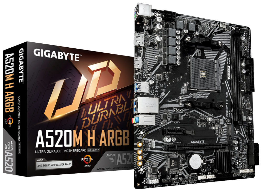 GIGABYTE A520M H ARGB Placa Base â Compatible con CPUs AMD Ryzen Serie 5000, hasta 5100 MHz DDR4 (OC), M.2 PCIe 3.0 x4, LAN 1 GbE, USB 3.2 Gen 1