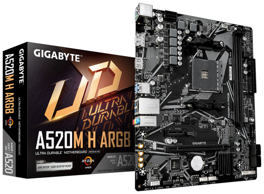 GIGABYTE A520M H ARGB Placa Base â Compatible con CPUs AMD Ryzen Serie 5000, hasta 5100 MHz DDR4 (OC), M.2 PCIe 3.0 x4, LAN 1 GbE, USB 3.2 Gen 1