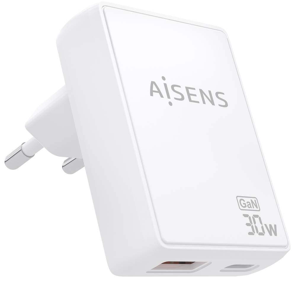 AISENS Cargador De Pared GaN Ultra Delgado 30W, 1xUSB-C PD3.0 QC4.0, 1xUSB-A QC3.0, Blanco
