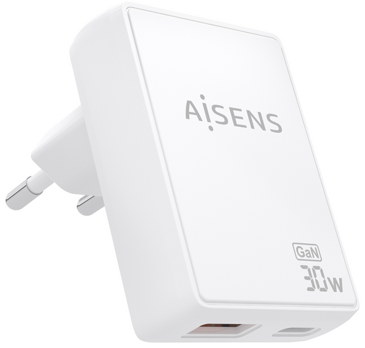 AISENS Cargador De Pared GaN Ultra Delgado 30W, 1xUSB-C PD3.0 QC4.0, 1xUSB-A QC3.0, Blanco