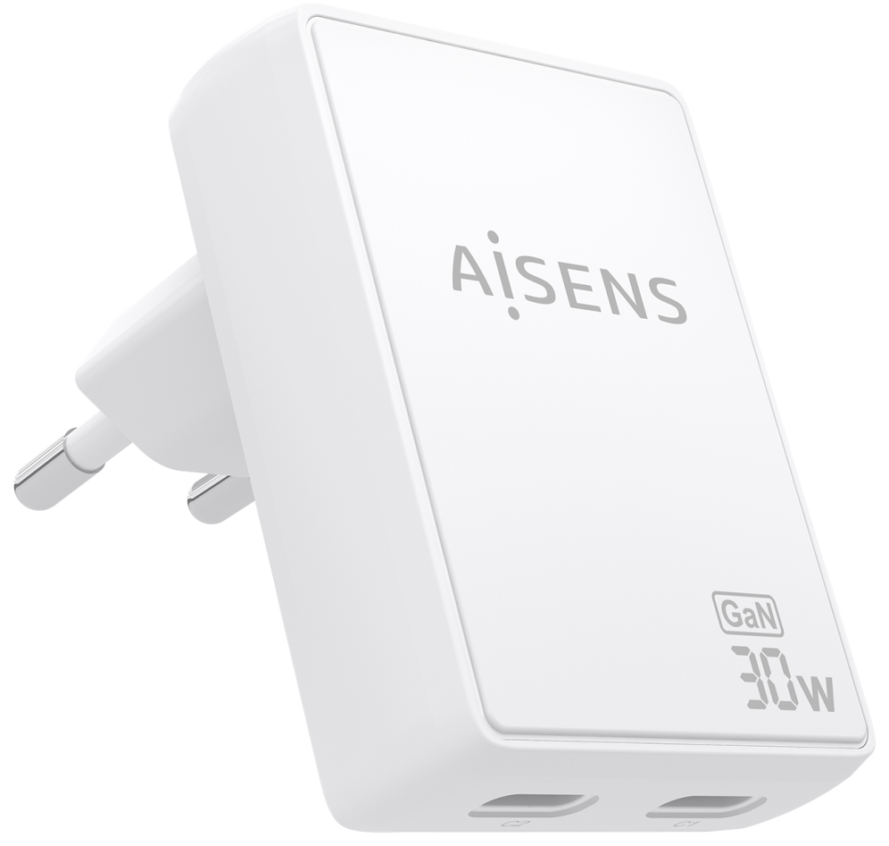 AISENS Cargador De Pared GaN Ultra Delgado 30W, 2xUSB-C PD3.0 QC4.0, Blanco