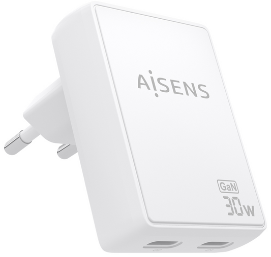 AISENS Cargador De Pared GaN Ultra Delgado 30W, 2xUSB-C PD3.0 QC4.0, Blanco