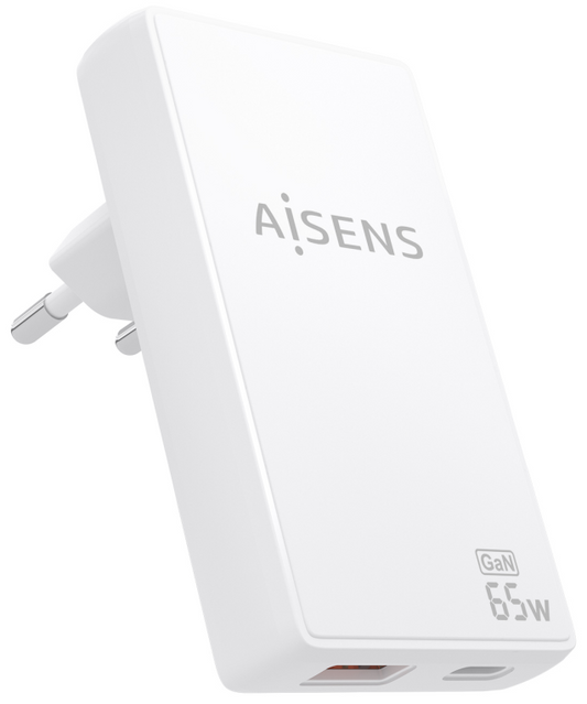 AISENS Cargador De Pared GaN Ultra Delgado 65W, 1xUSB-C PD3.0 QC4.0, 1xUSB-A QC3.0, Blanco