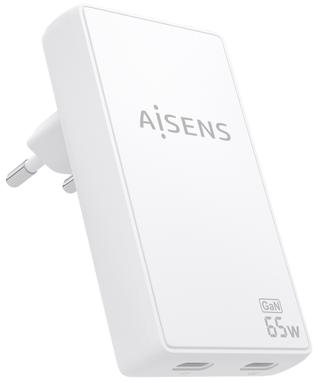 AISENS Cargador De Pared GaN Ultra Delgado 65W, 2xUSB-C PD3.0 QC4.0, Blanco