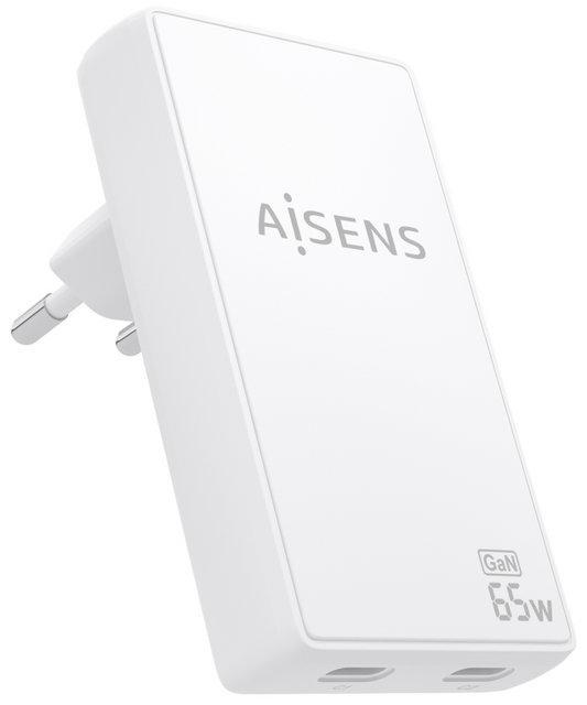 AISENS Cargador De Pared GaN Ultra Delgado 65W, 2xUSB-C PD3.0 QC4.0, Blanco