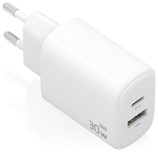 AISENS Cargador GaN 30W, 1xUSB-C PD3.0 QC4.0, 1xUSB-A QC3.0, Blanco