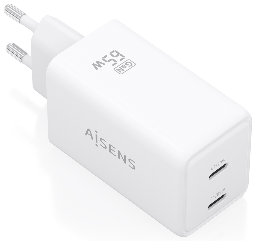 AISENS Cargador GaN 65W, 2xUSB-C PD3.0 QC4.0, Blanco