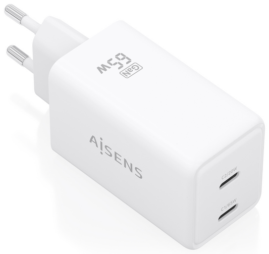 AISENS Cargador GaN 65W, 2xUSB-C PD3.0 QC4.0, Blanco