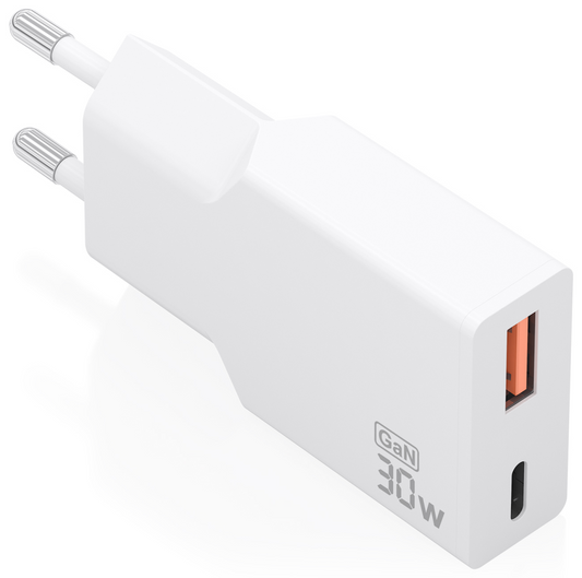 AISENS Cargador Ultra Delgado GaN 30W, 1xUSB-C PD3.0 QC4.0, 1xUSB-A QC3.0, Blanco
