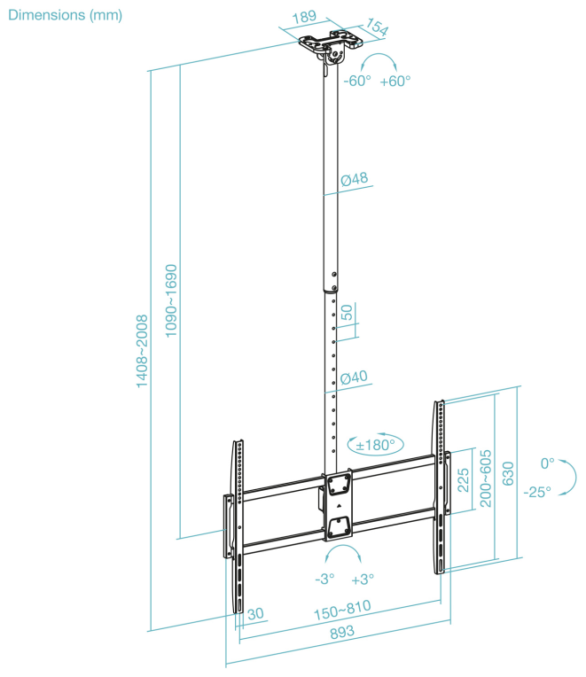 TooQ Soporte de Techo Extensible para Pantallas 50''-100'', Negro