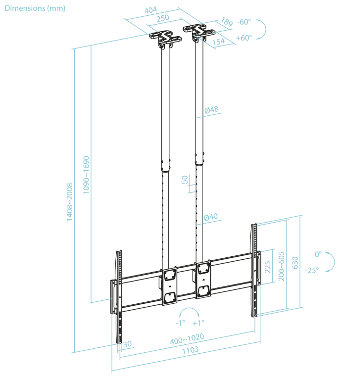 TooQ Soporte de Techo Extensible con doble mastil para Pantallas 60”-120'', Negro