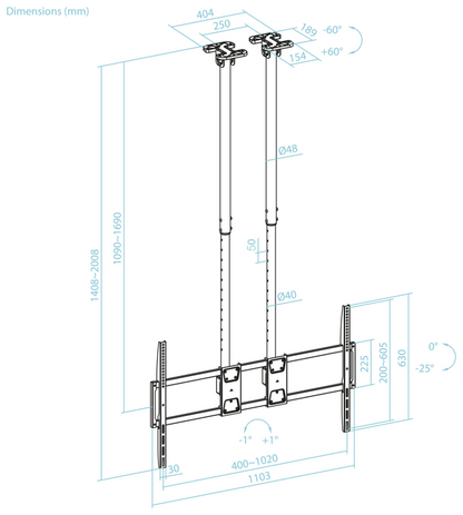 TooQ Soporte de Techo Extensible con doble mastil para Pantallas 60”-120'', Negro
