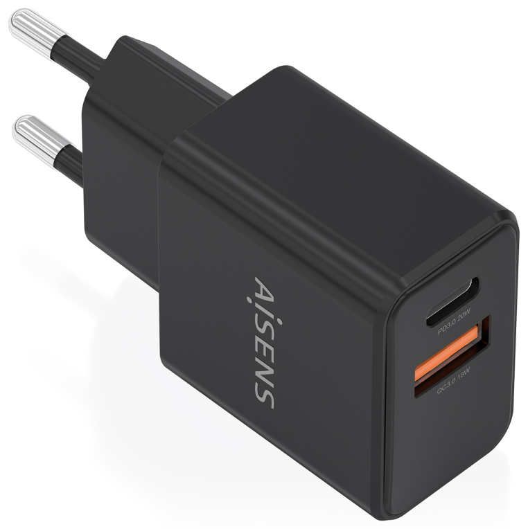 AISENS Cargador GaN 20W, 1xUSB-C PD3.0, 1xUSB-A QC3.0, Negro