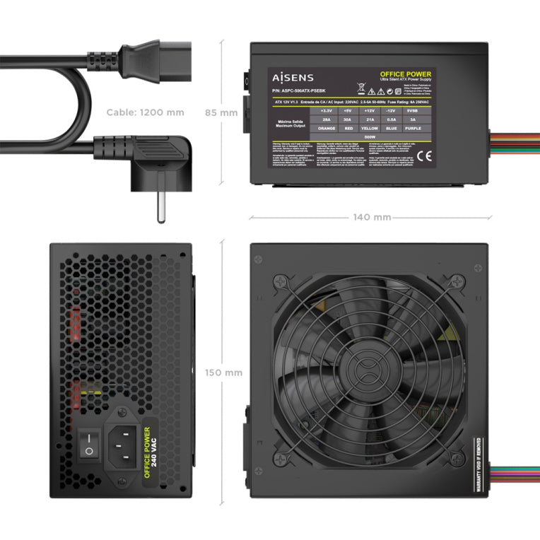 AISENS Fuente Alimentacion ATX 500W con Cable de Alimentacion OEM, Negra
