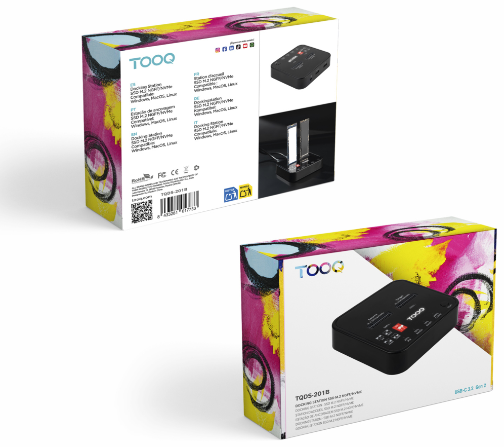 TooQ Docking Station USB-C 3.2 Gen 2 Dual Bay para SSD M.2 NGFF/NVMe Clonador, Negro