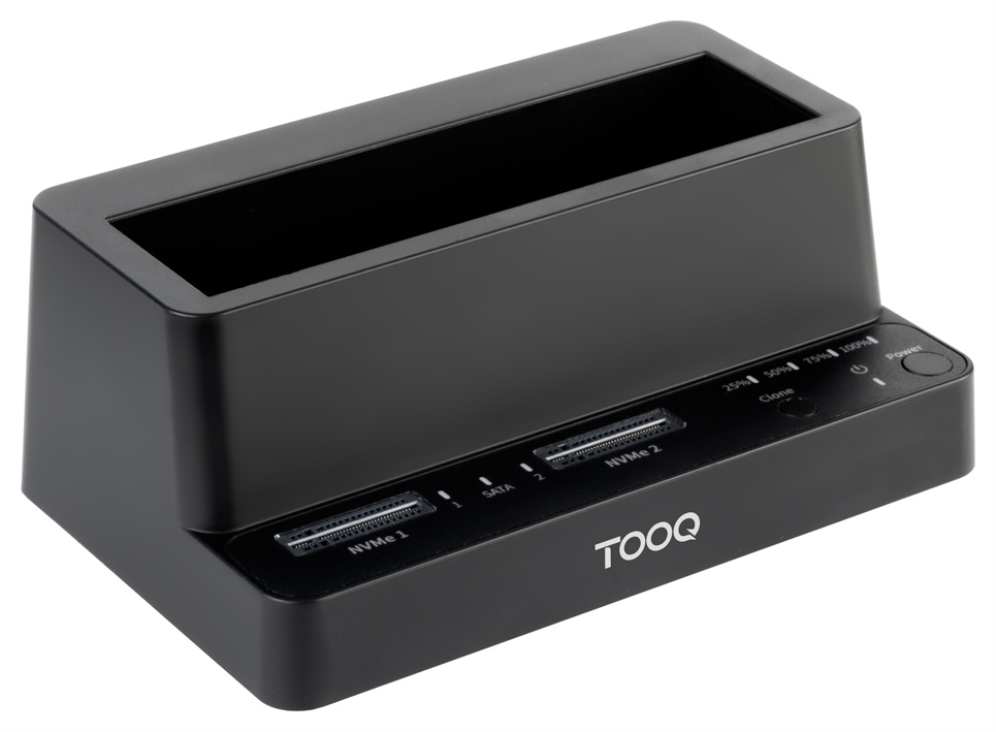 TooQ Docking Station USB-C 3.2 Gen 2 Dos Bahias para SSD M.2 NVMe + Bahia para 2,5''- 3,5'' para HDD + Clonador, Negro