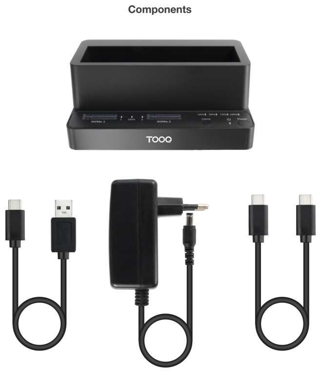 TooQ Docking Station USB-C 3.2 Gen 2 Dos Bahias para SSD M.2 NVMe + Bahia para 2,5''- 3,5'' para HDD + Clonador, Negro