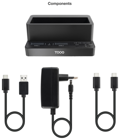 TooQ Docking Station USB-C 3.2 Gen 2 Dos Bahias para SSD M.2 NVMe + Bahia para 2,5''- 3,5'' para HDD + Clonador, Negro