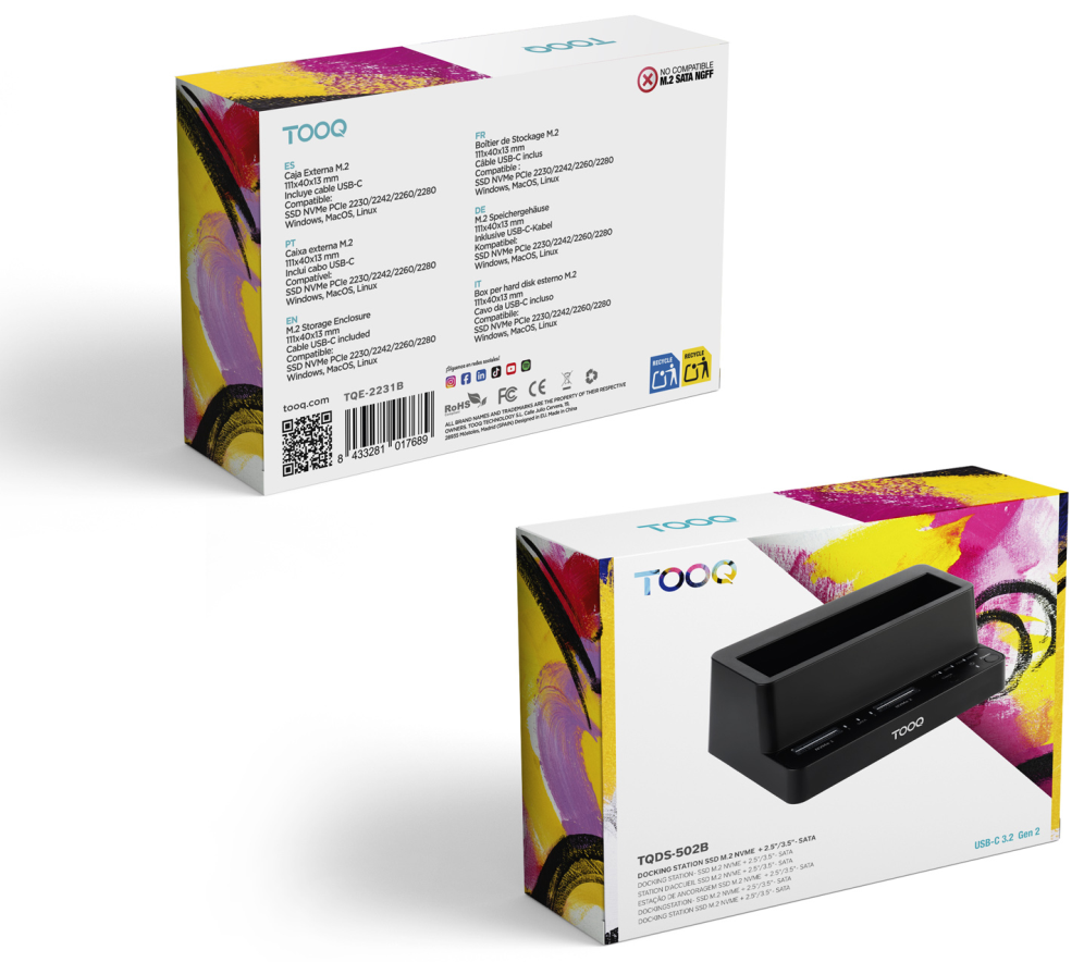 TooQ Docking Station USB-C 3.2 Gen 2 Dos Bahias para SSD M.2 NVMe + Bahia para 2,5''- 3,5'' para HDD + Clonador, Negro