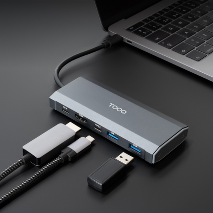 TooQ Caja externa para SSD M.2 NGFF/NVMe + HUB USB 3.2 Gen2 con 1xUSB-C/PD + 2xUSB-A + USB-C + HDMI, Gris