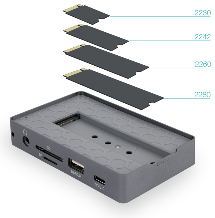TooQ Caja externa para SSD M.2 NVMe/SATA + HUB USB-C 3.2 Gen2 con 2x USB-A 3.1 + 1x USB-A 2.0 + USB-C 3.2 Gen2 + HDMI 2.0 + RJ45 + SD/TF + AUDIO + USB-C PD 100W, Gris