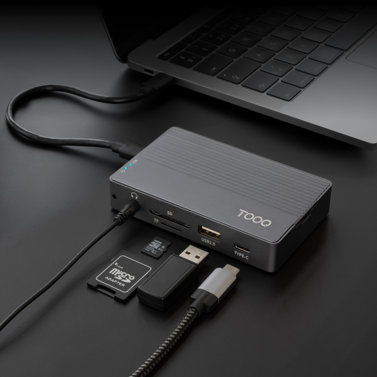 TooQ Caja externa para SSD M.2 NVMe/SATA + HUB USB-C 3.2 Gen2 con 2x USB-A 3.1 + 1x USB-A 2.0 + USB-C 3.2 Gen2 + HDMI 2.0 + RJ45 + SD/TF + AUDIO + USB-C PD 100W, Gris