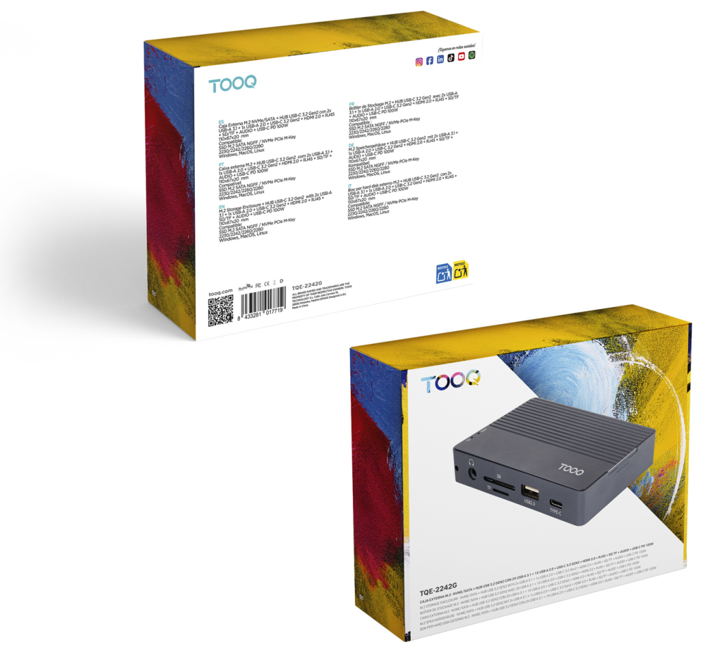 TooQ Caja externa para SSD M.2 NVMe/SATA + HUB USB-C 3.2 Gen2 con 2x USB-A 3.1 + 1x USB-A 2.0 + USB-C 3.2 Gen2 + HDMI 2.0 + RJ45 + SD/TF + AUDIO + USB-C PD 100W, Gris
