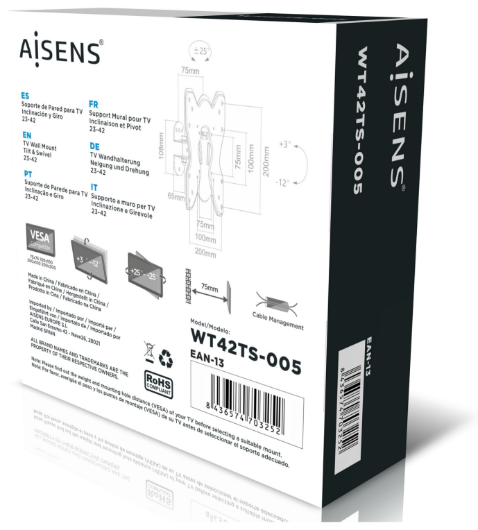AISENS WT42TS-005 soporte para TV 106,7 cm (42'') Negro