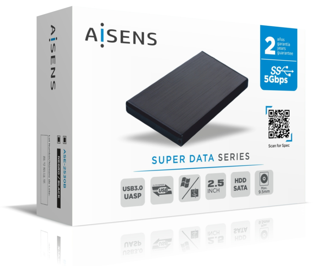AISENS Caja externa 2,5'' ASE-2530B 9.5 mm SATA a USB 3.0/USB 3.1 Gen1, Negra