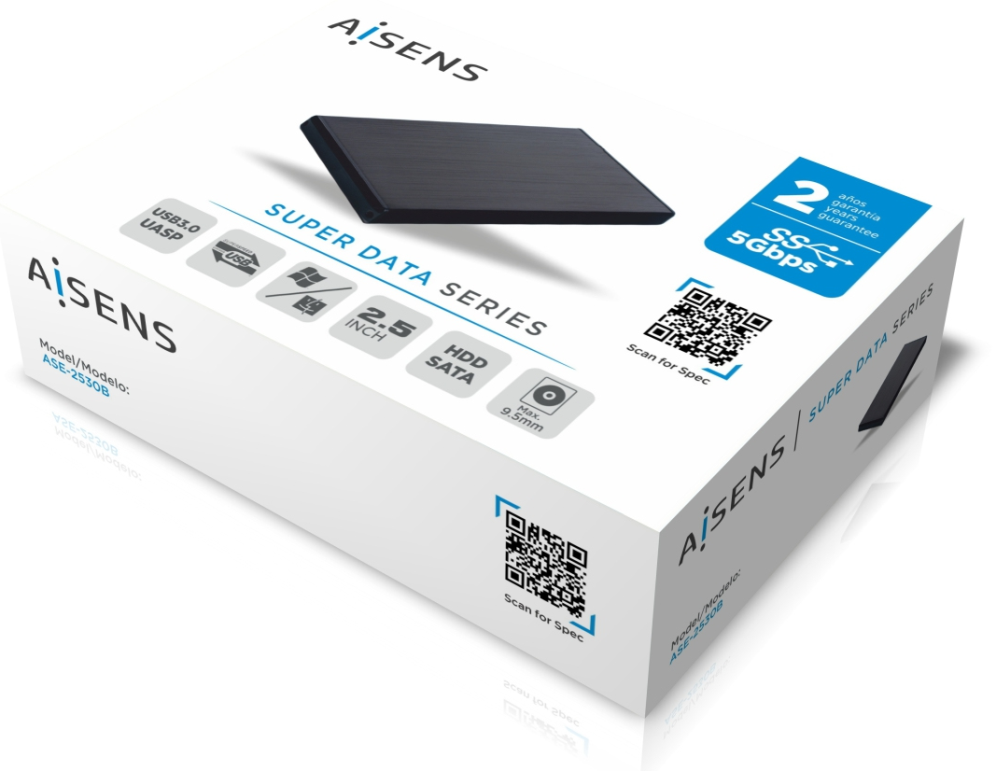 AISENS Caja externa 2,5'' ASE-2530B 9.5 mm SATA a USB 3.0/USB 3.1 Gen1, Negra