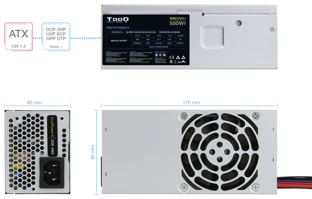 TooQ Ecopower II TFX OEM unidad de fuente de alimentacion 500 W 20+4 pin ATX Plata